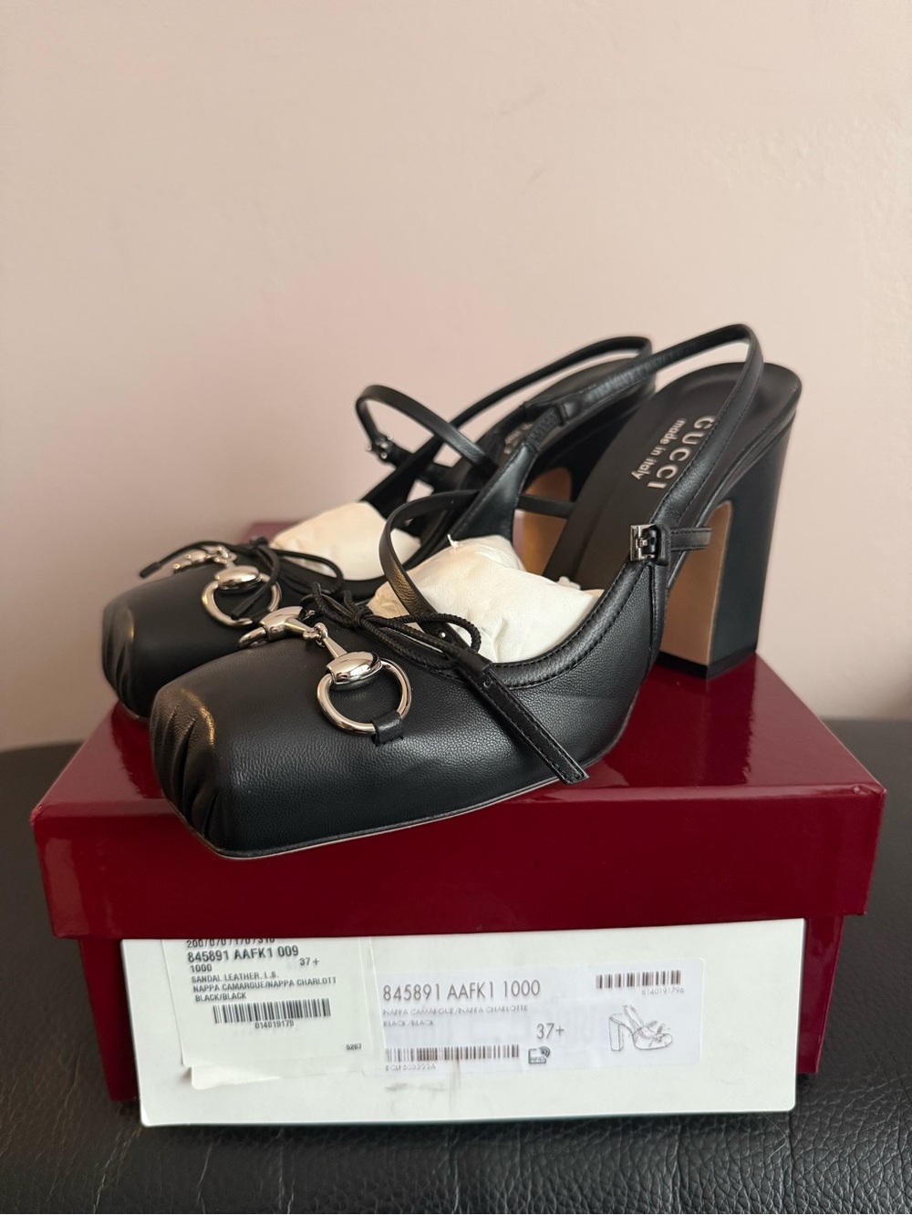 Gucci Black Leather Horsebit Block Heel Slingbacks